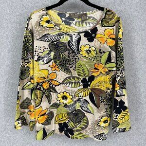 Jane Ashley Womens Floral Sequin Top Size L Tan Yellow Green Casual 3/4 Sleeve